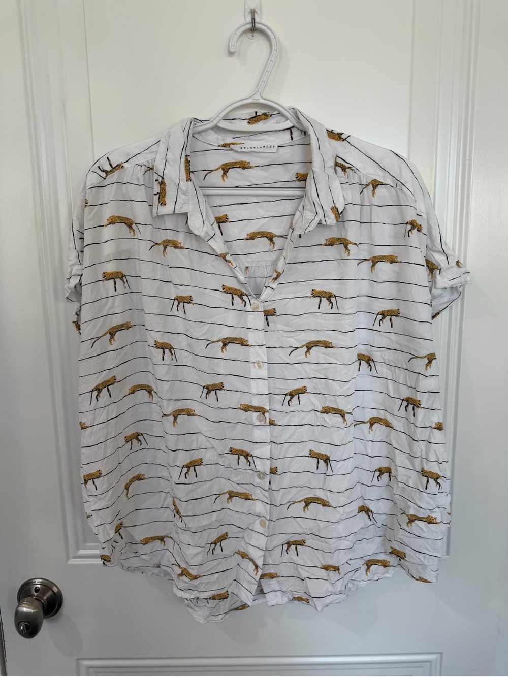 White Short-Sleeve Button-Up Shirt with cheetah Print